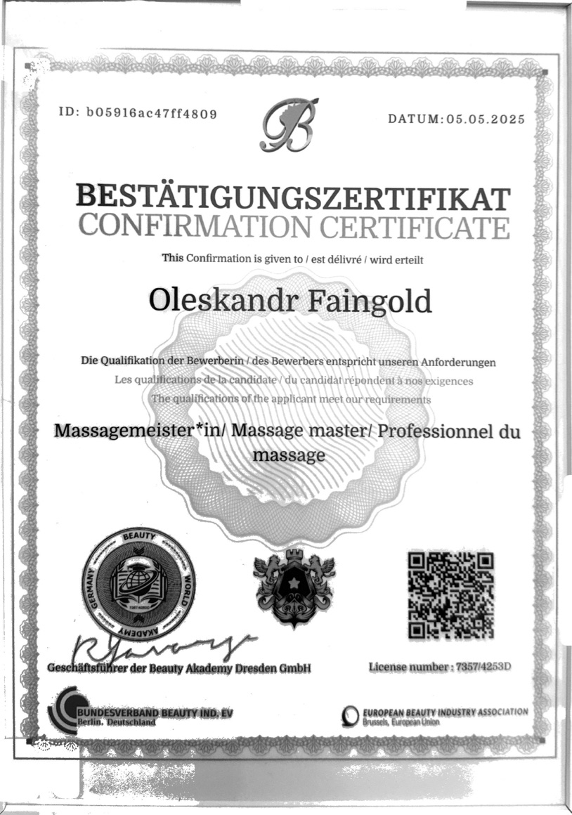 Bestätigungszertifikat — Massagemeister, Beauty Akademy Dresden GmbH